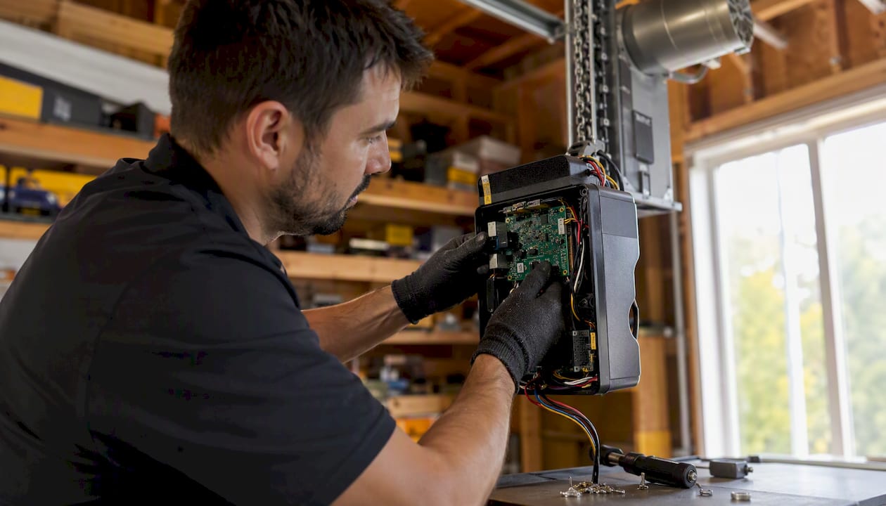 Hands installing garage opener logic board