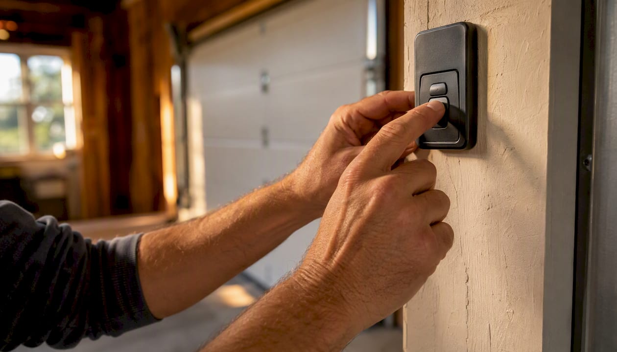 Hands programming garage door wall control panel