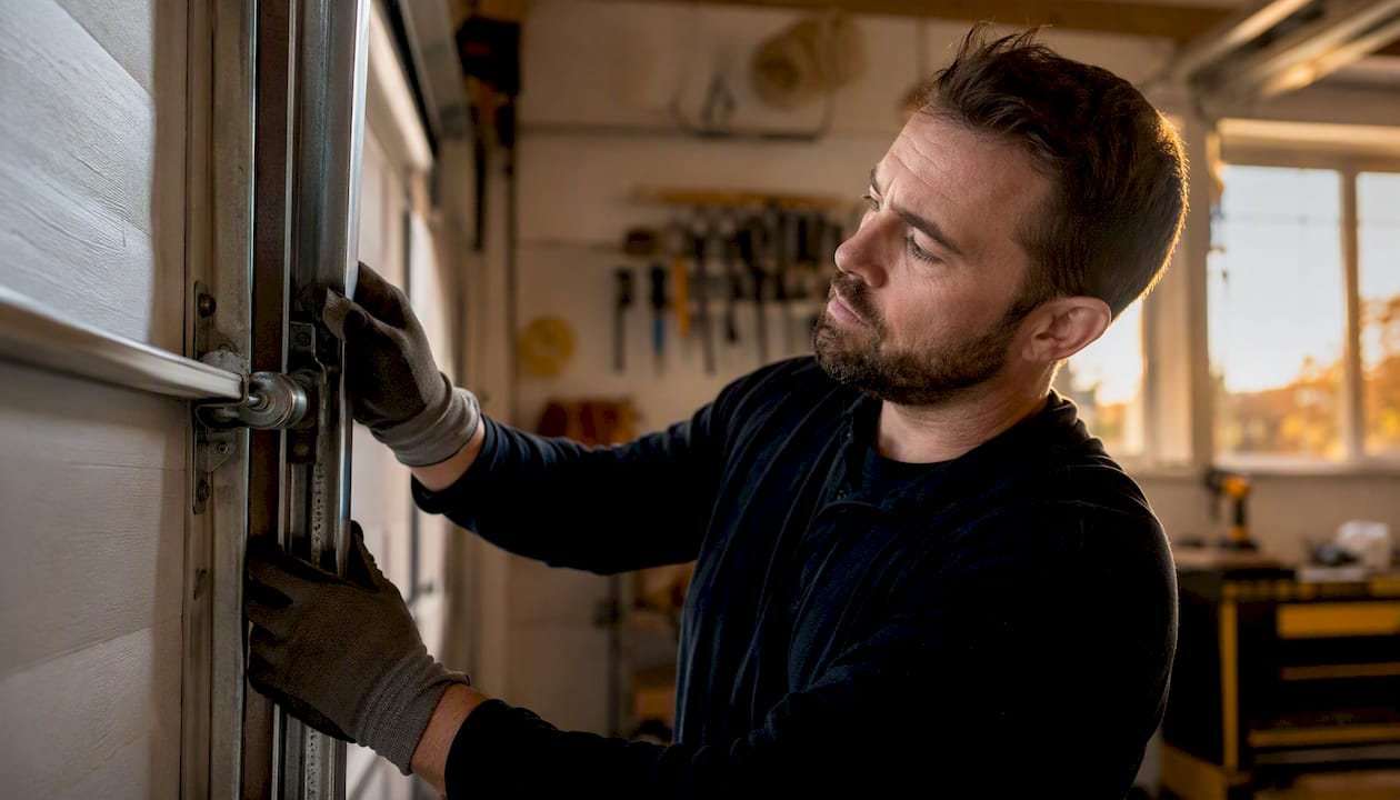 Technician inspecting garage door rollers and tracks