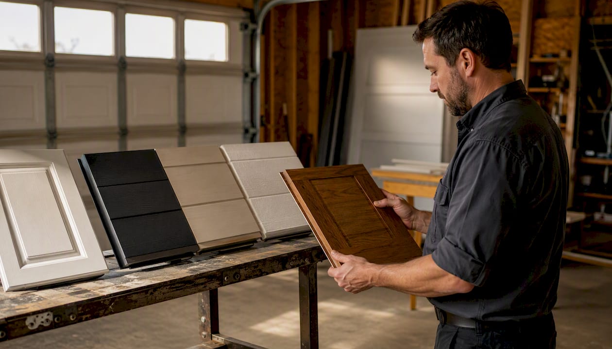 Various garage door material samples on workshop bench