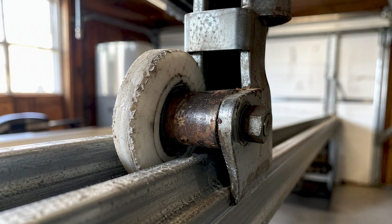 Worn garage door roller with chips and rust