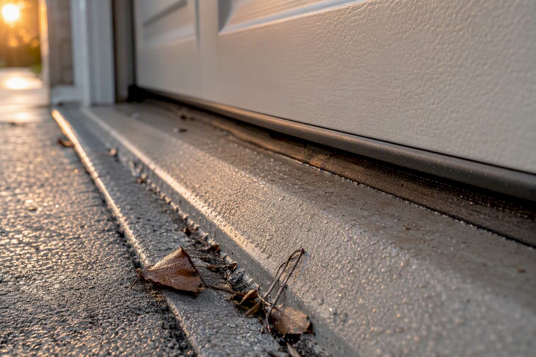 Angled garage threshold with drainage channels