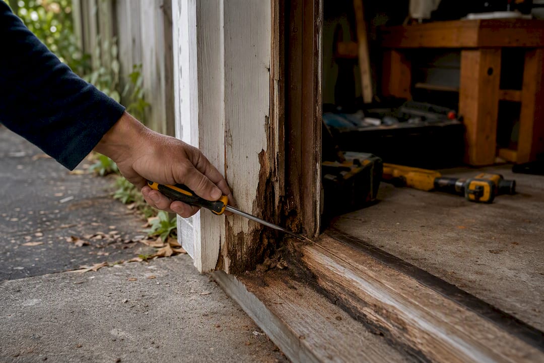 Screwdriver testing rot in garage door sill wood