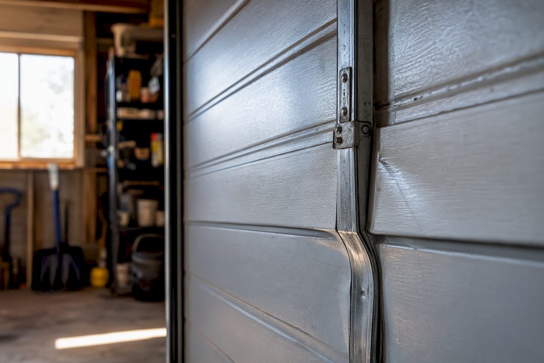 Close-up of V-fold crease on garage door panel