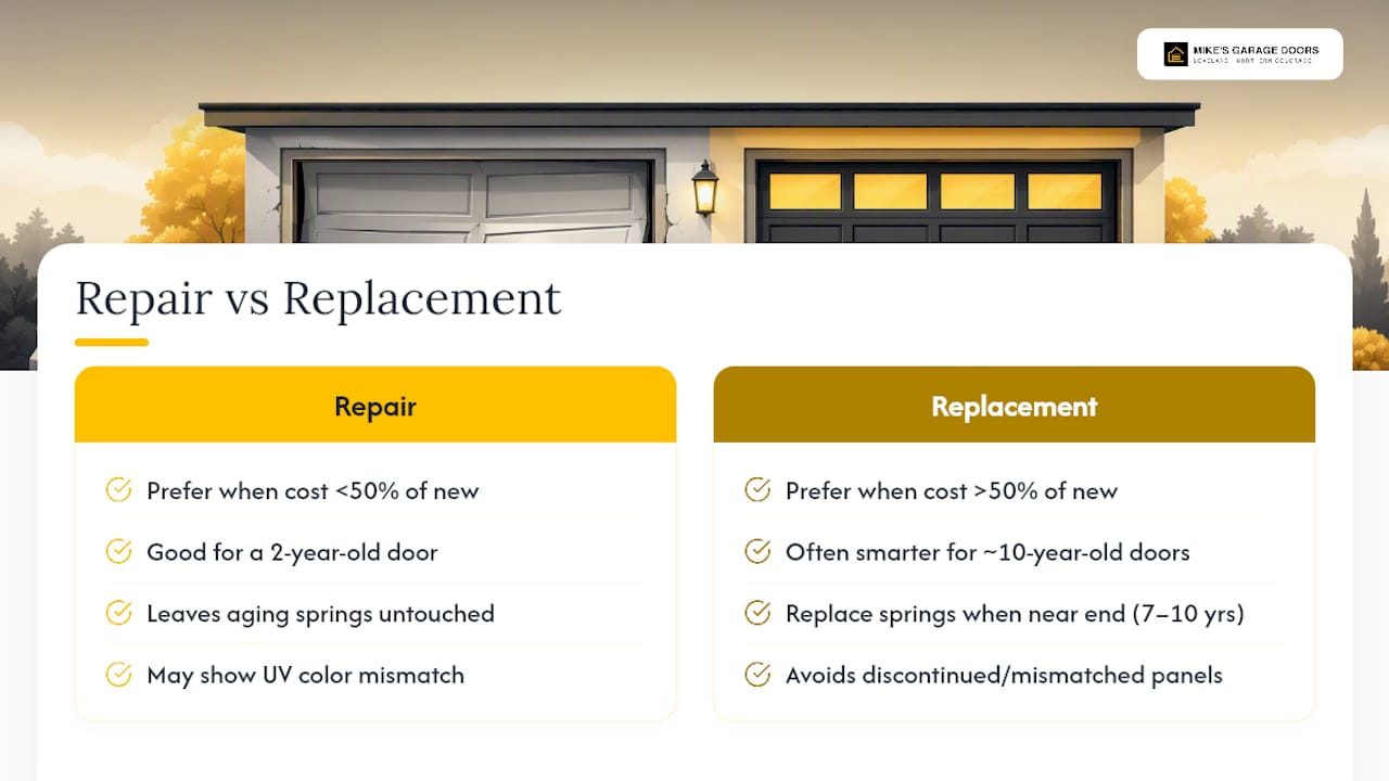 Diagram comparing garage door repair and replacement costs