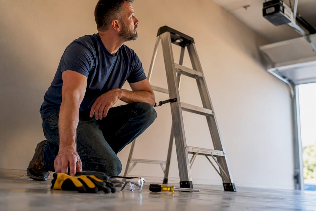 Safety tools prepared beside garage ladder