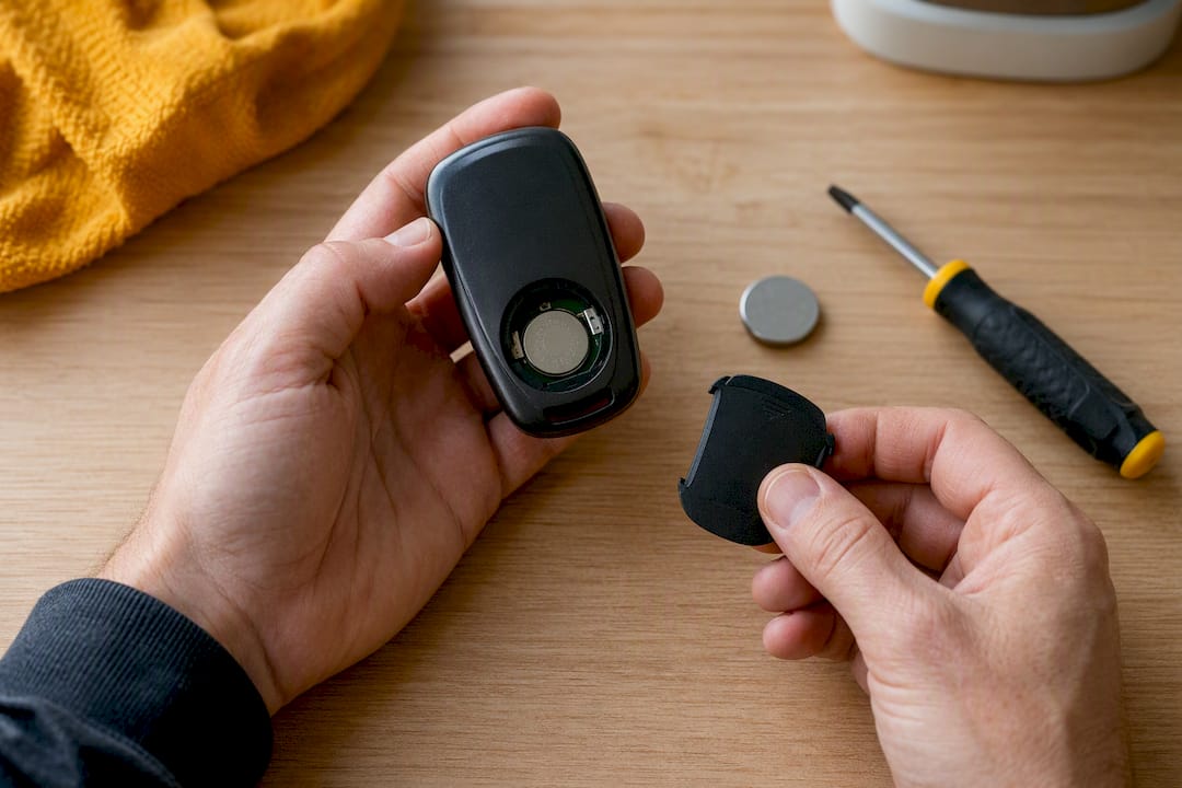 Hands removing battery from garage remote