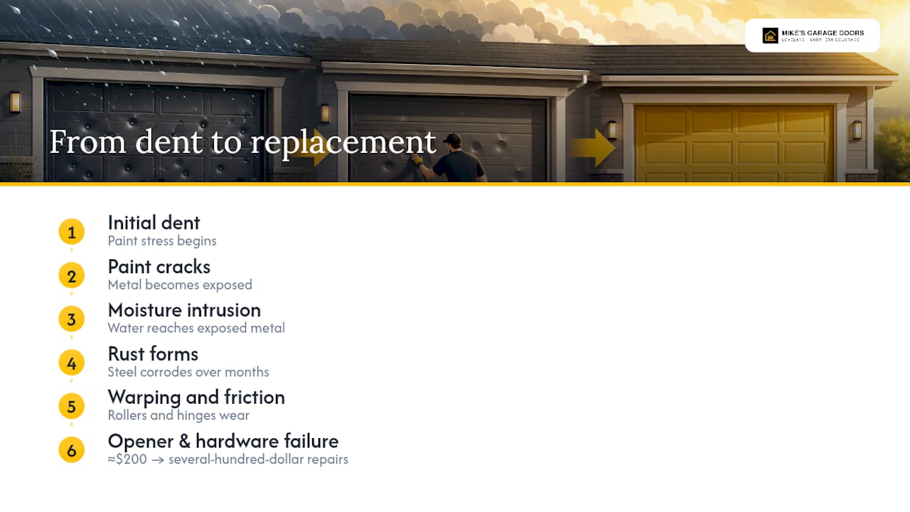 Progression from dent to costly garage repairs