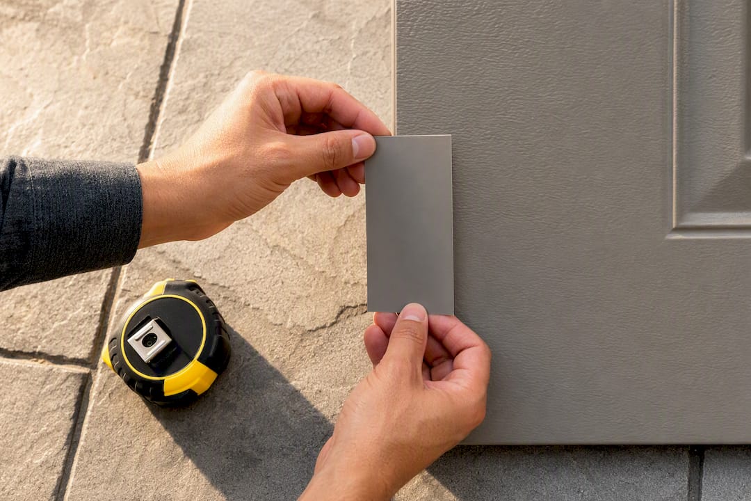 Hands comparing garage door color swatch