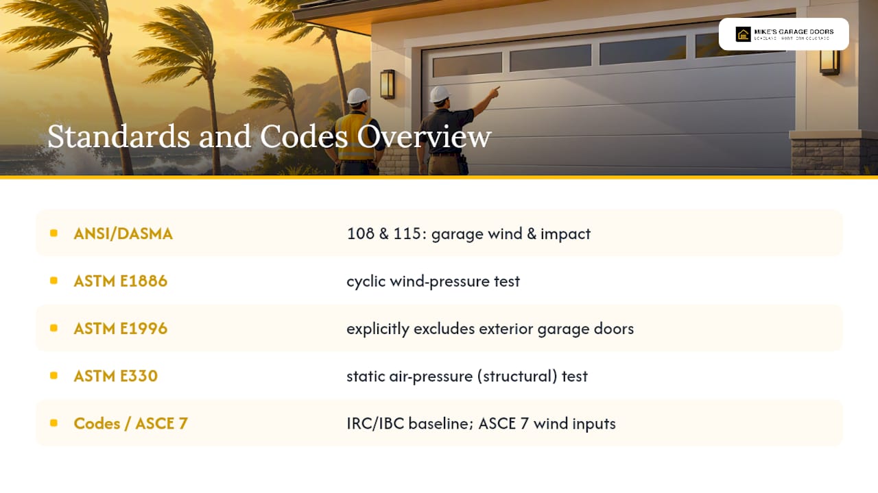 Garage door wind standards by testing and code role