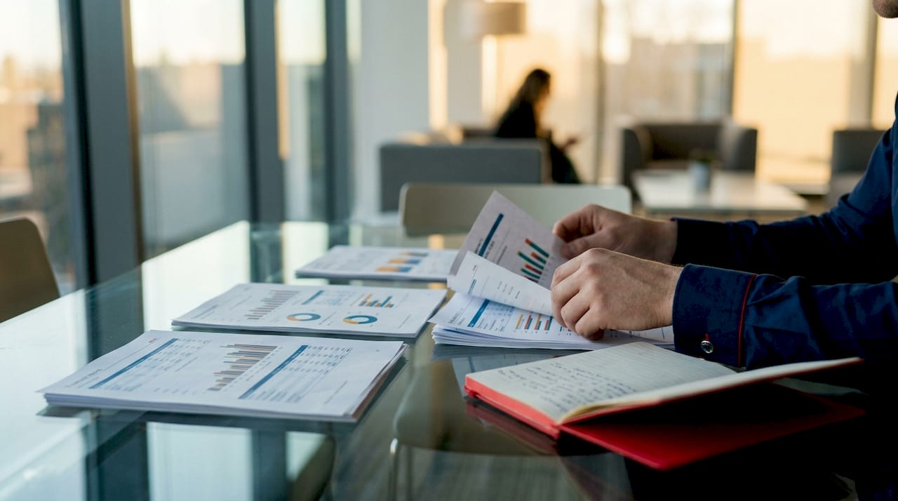 Hands sorting SaaS revenue documents on conference table