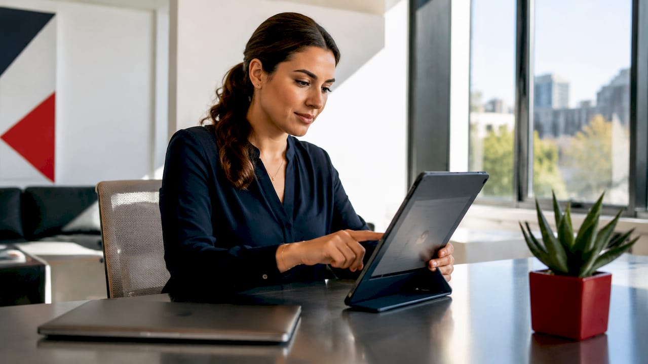 Hands managing AI-driven onboarding tasks on tablet