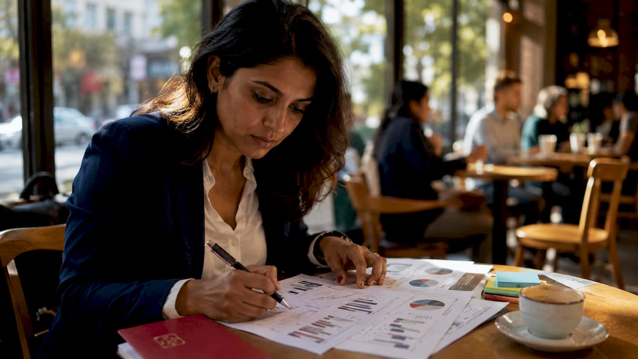 South Asian manager reviewing reports at desk