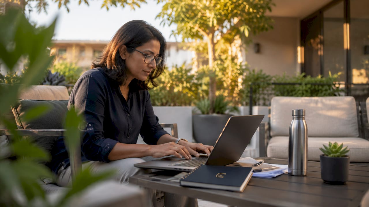 Professional woman typing on laptop in bright office