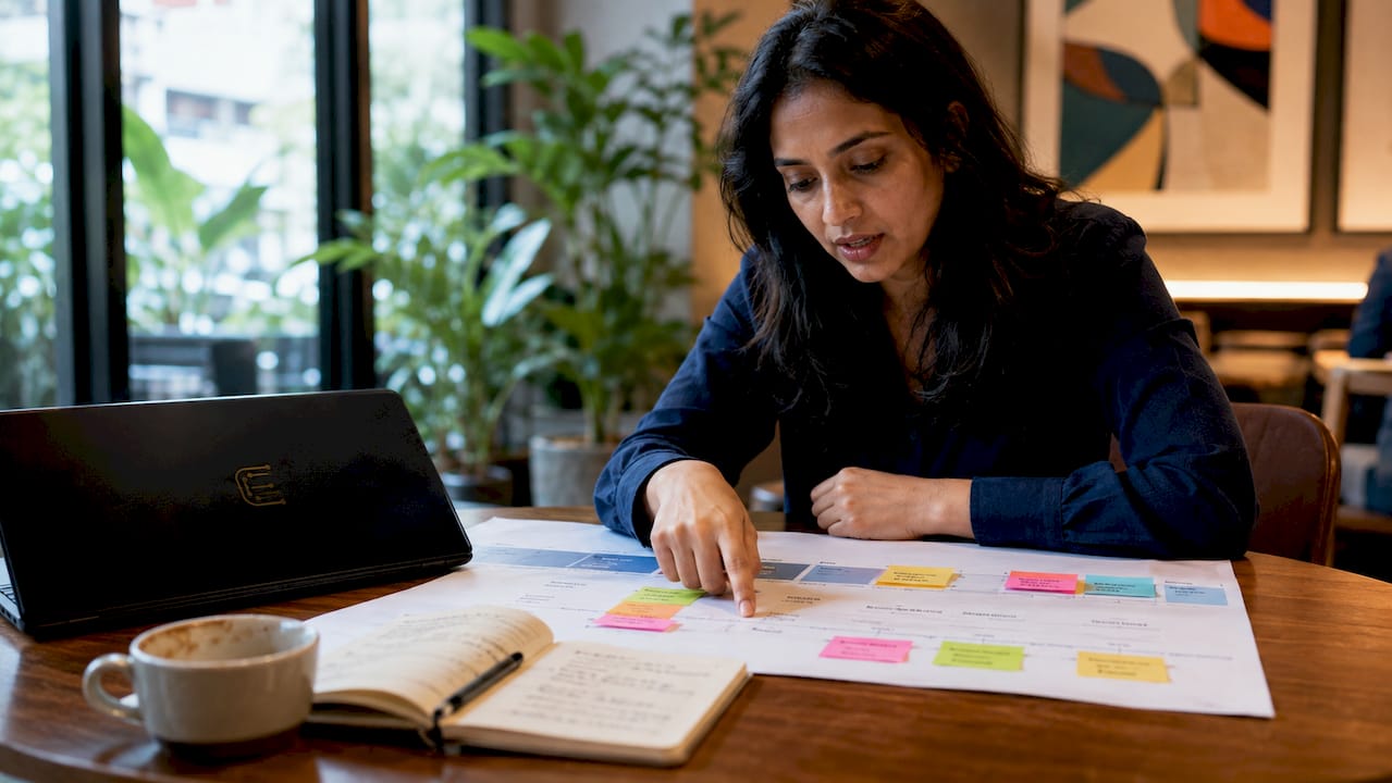 Woman mapping customer journey at desk in office