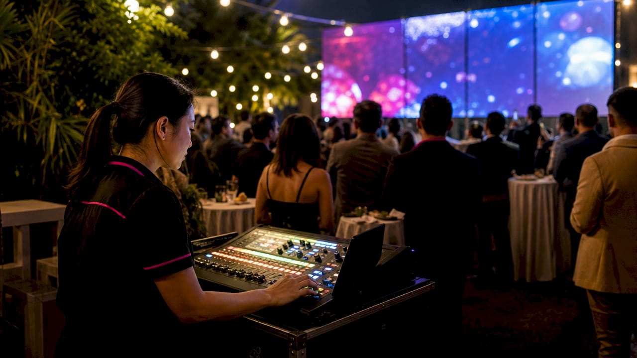 AV operator managing LED video wall at event