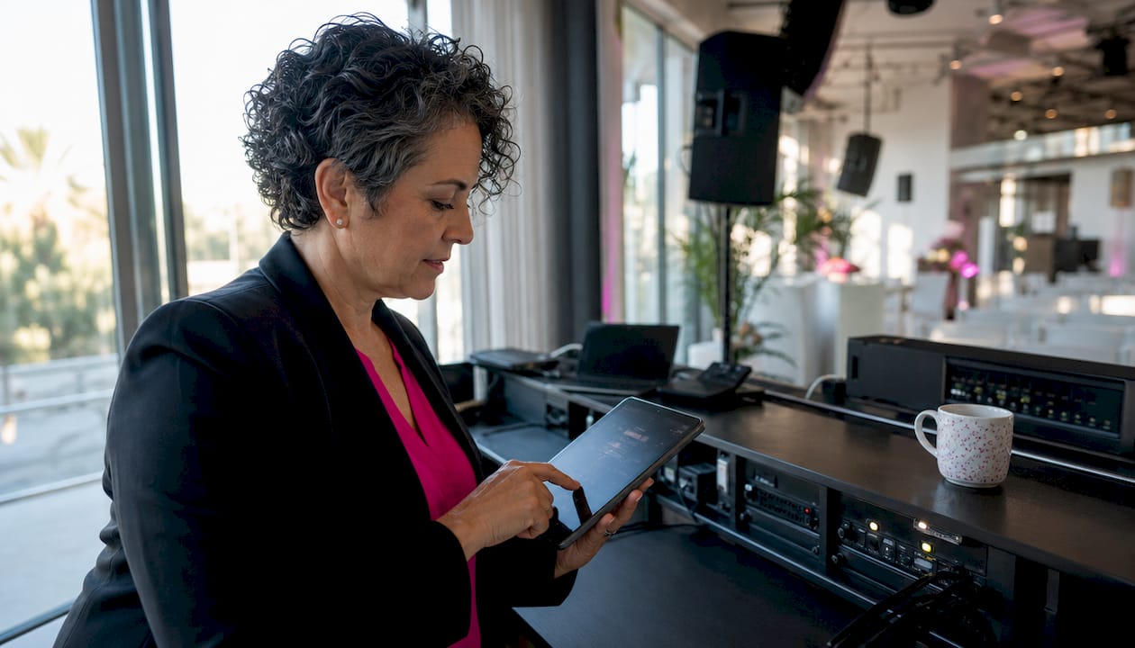 Event planner managing AV technology with tablet