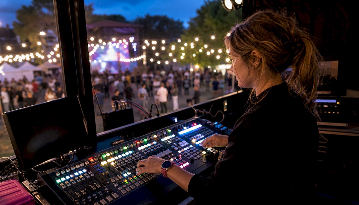 Hands operating video switcher and vision mixer controls