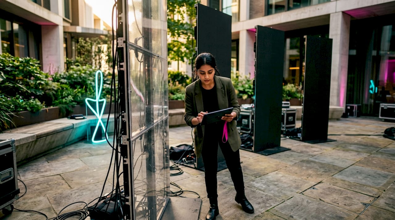 Event designer checking LED screen installation
