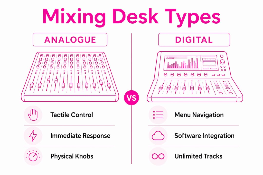 Infographic comparing analogue and digital mixing desks
