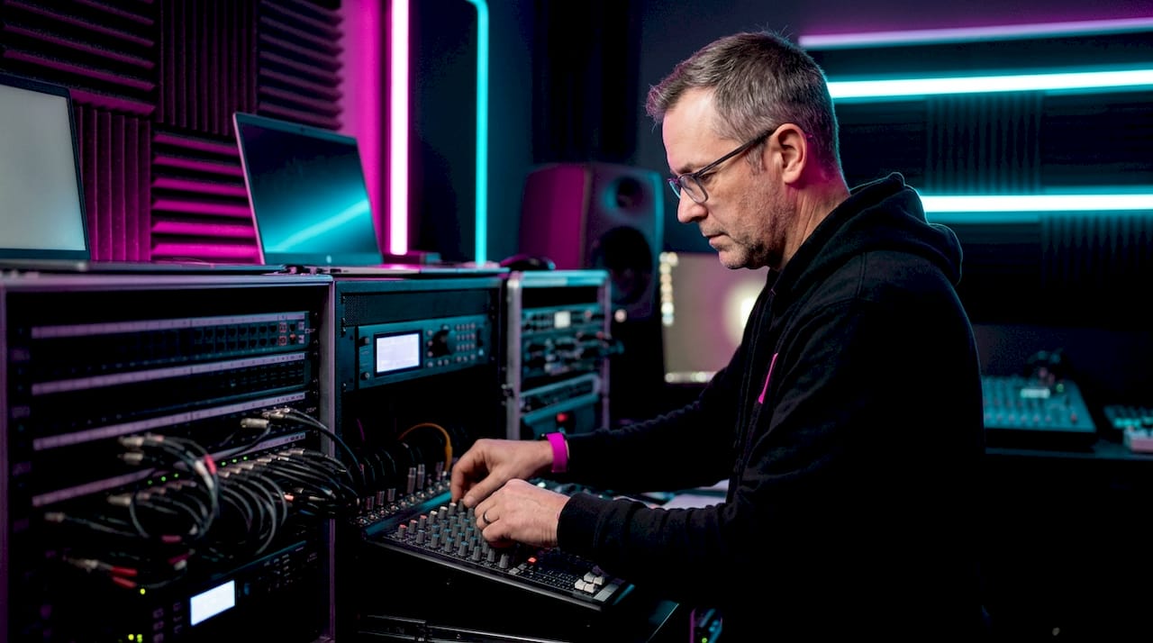 AV technician adjusting mixing equipment in booth