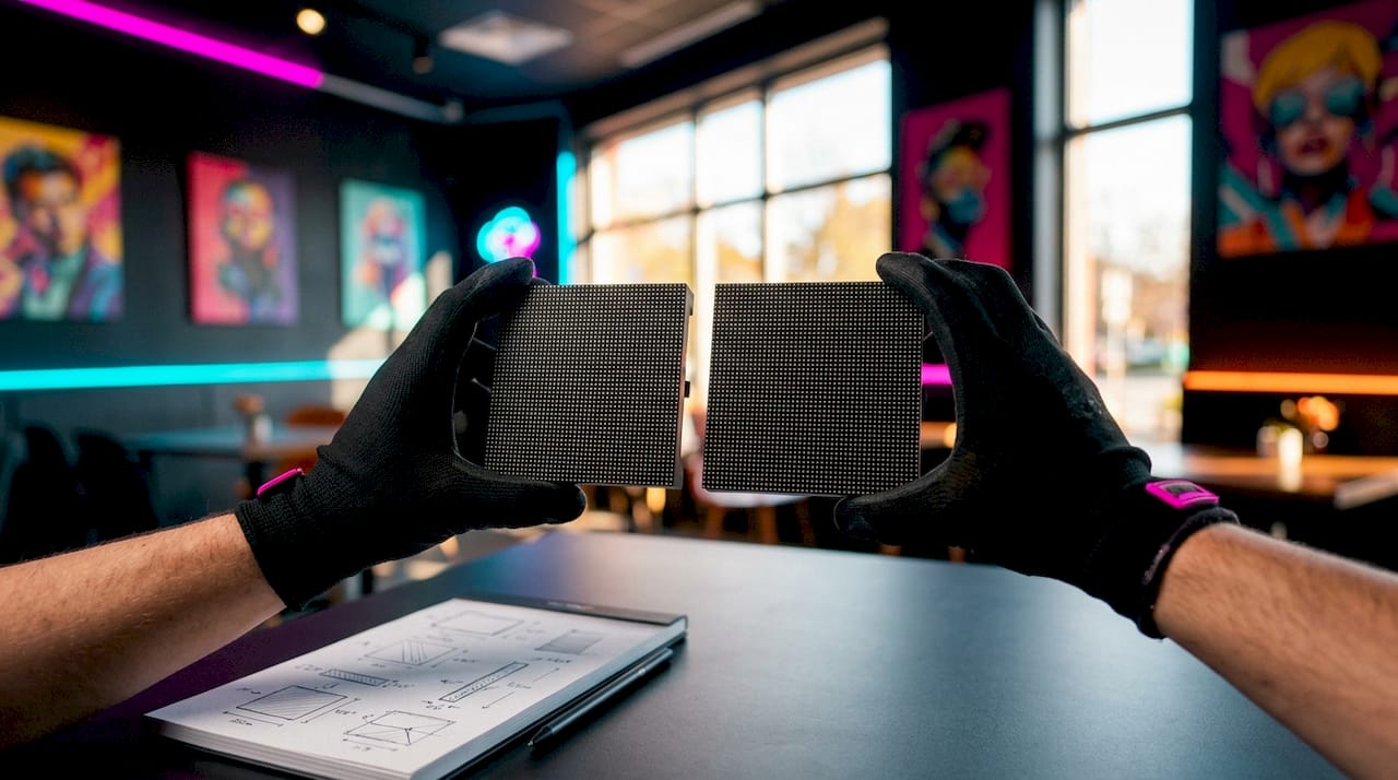 Close-up of technician comparing LED panel pixel pitches
