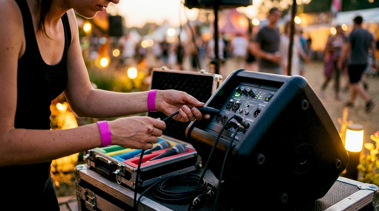 Hands connecting cables to powered PA speaker