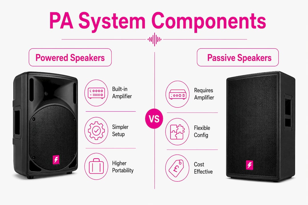 Infographic comparing powered and passive PA system speakers