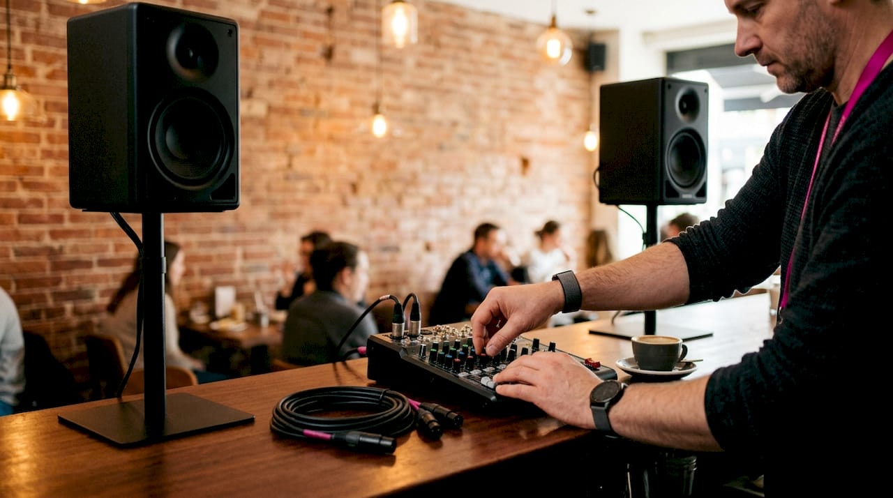 Hands adjusting small venue audio mixer