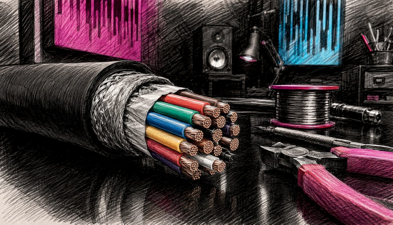 Cross section of multicore audio cable on workbench
