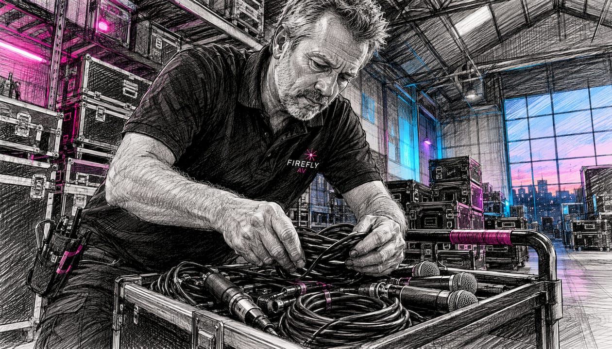 Technician organizing AV equipment in event loading dock