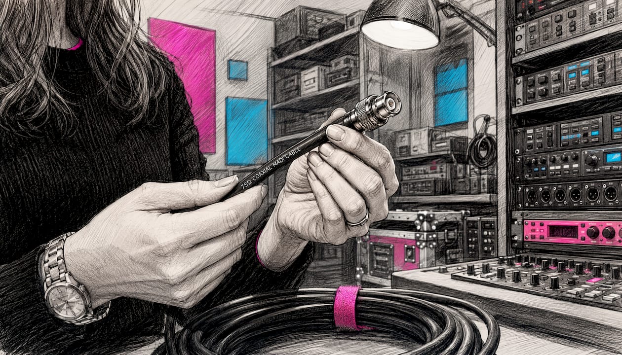 Close-up of hands holding MADI BNC cable connector