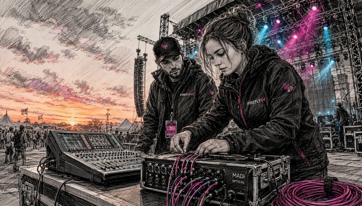 Technicians connecting MADI cables on concert stage