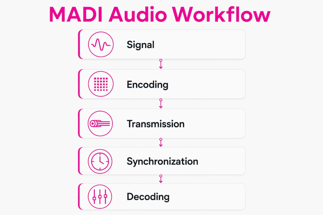 Infographic illustrating MADI audio signal flow