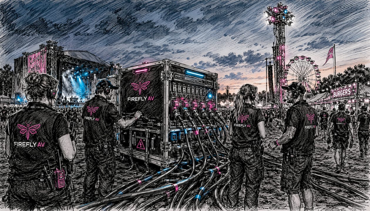 Outdoor festival power distribution hub with crew