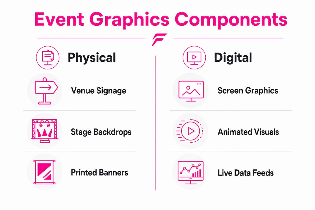 Infographic comparing physical and digital event graphics components