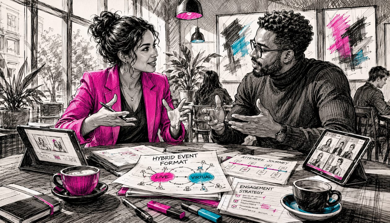 Event planners discussing hybrid event formats