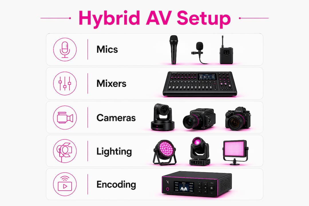 Infographic illustrating hybrid AV equipment setup steps