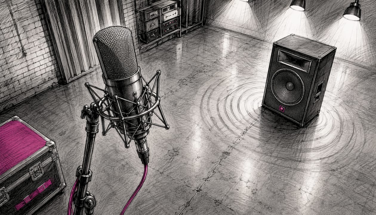 Close-up microphone and speaker on stage floor