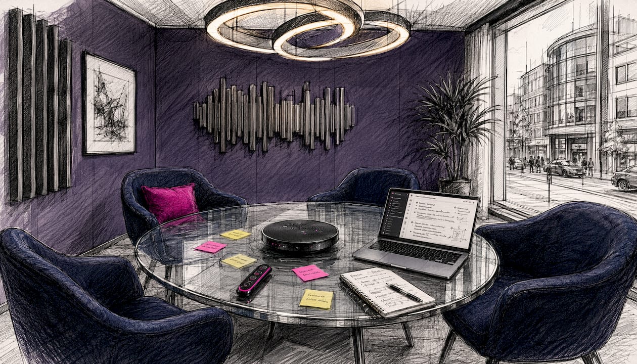 Small meeting room with conference microphone and table