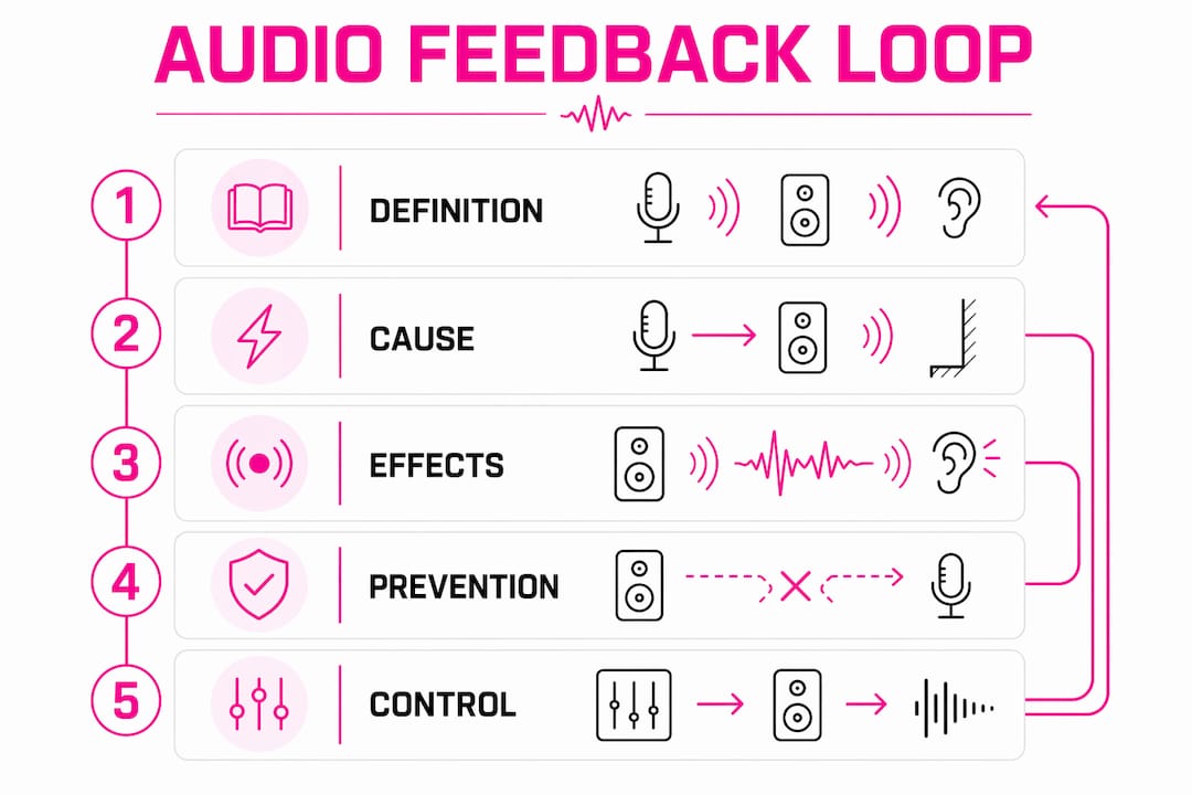 Infographic showing audio feedback loop process and key prevention steps