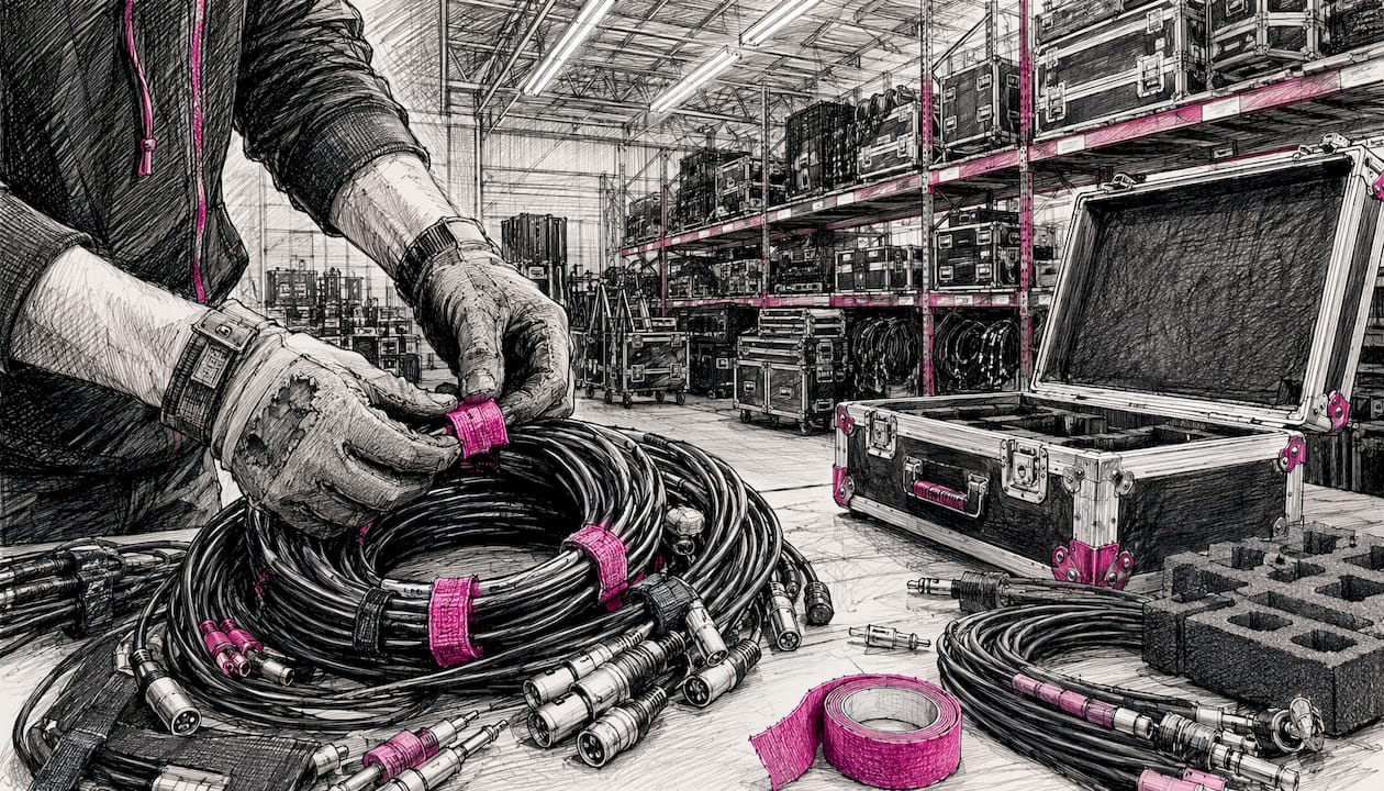 Hands packing AV cables into road case
