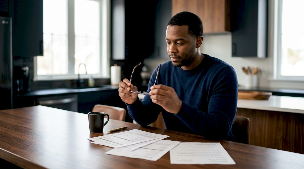 Hands holding eyeglasses over desk with calculator