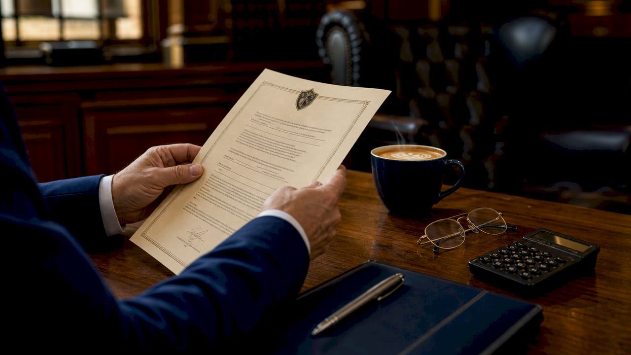 Hands reviewing cancer insurance policy certificate at table