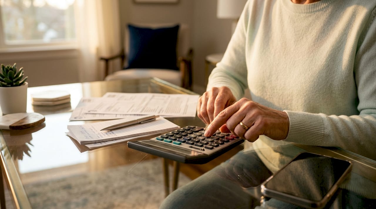 Hands calculating Social Security benefits on desk
