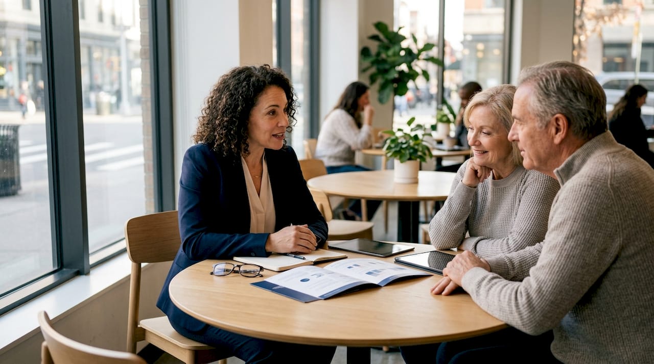 Insurance agent consulting seniors on pension buyout options