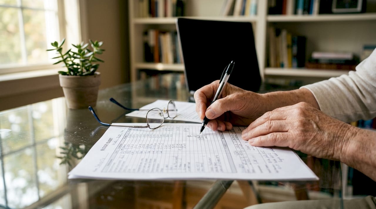 Close-up hands calculating retirement budget documents