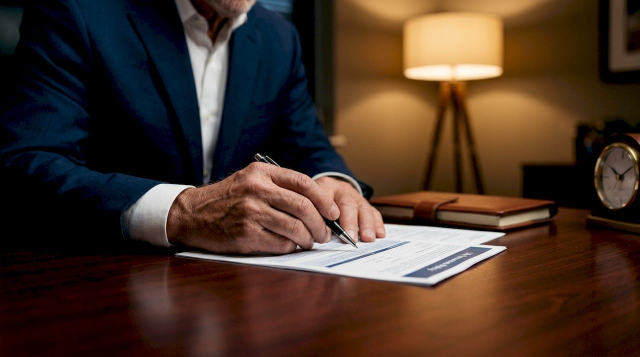 Advisor’s hands over life insurance policy papers