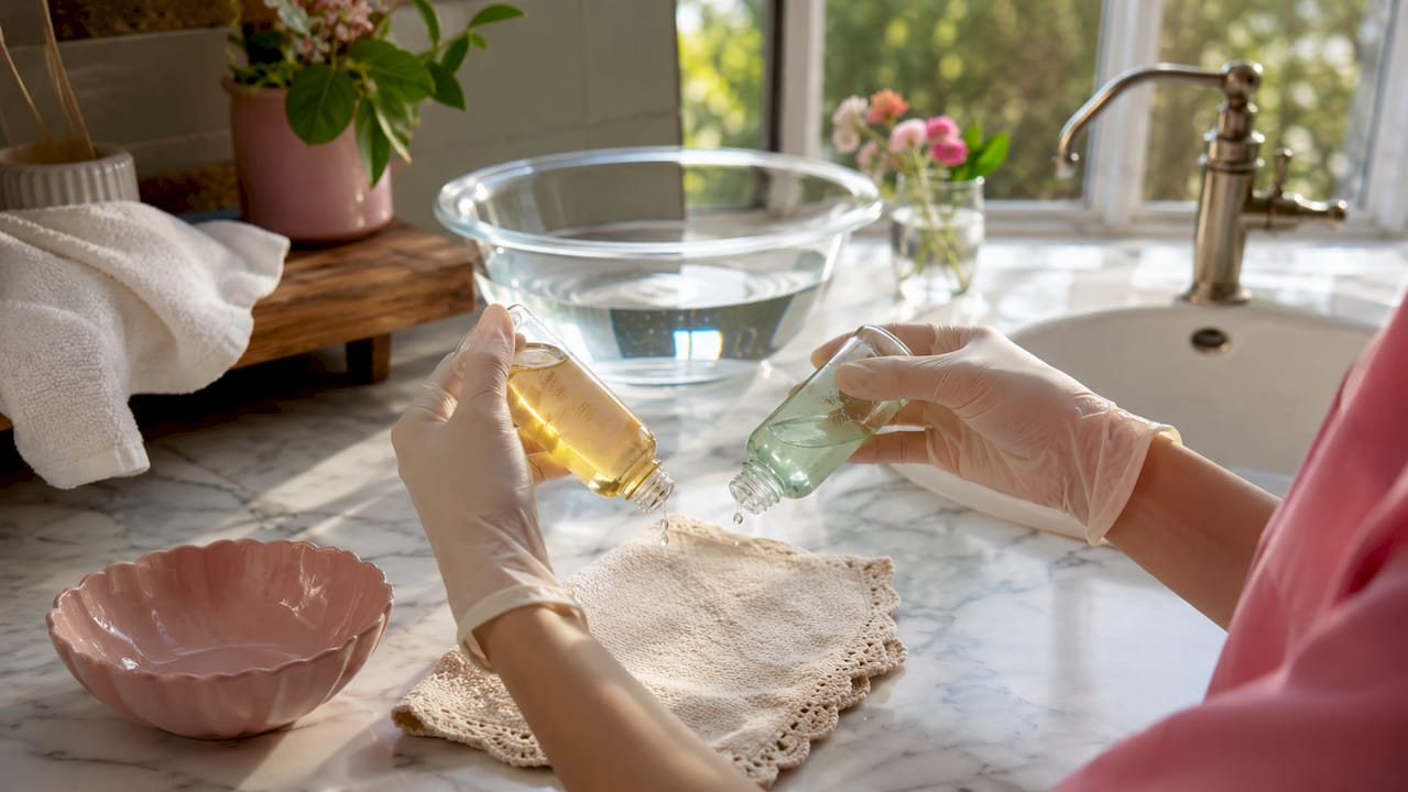 Hands holding oil and water cleansers over vanity