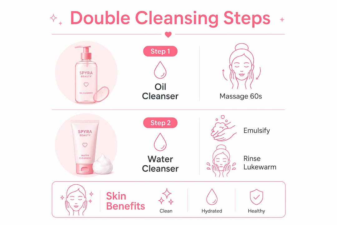 Infographic illustrating Korean double cleansing steps